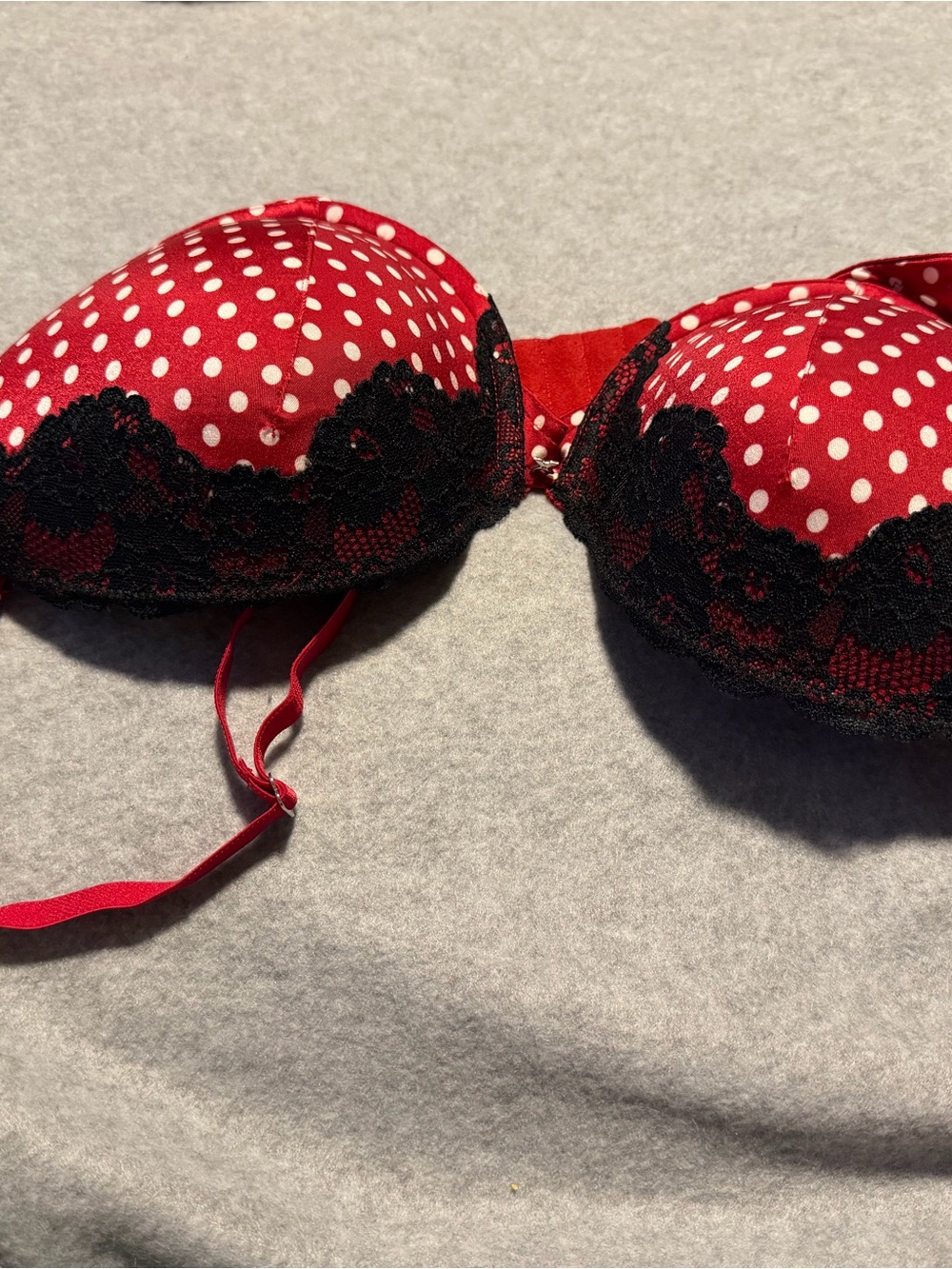 Frederick's of Hollywood Red Polka Dot Bra with Black Lace